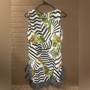 Uncle Frank Zebra Floral Sleeveless Dress XS Black White Green Ruffle Hem
